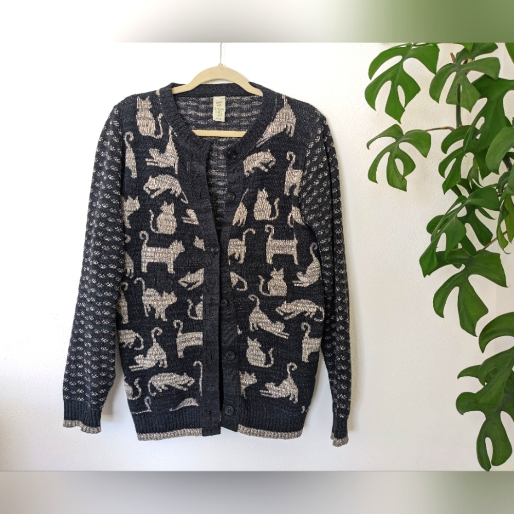Green 3 Cat Sweater Blue & Gray Button Front Cardigan